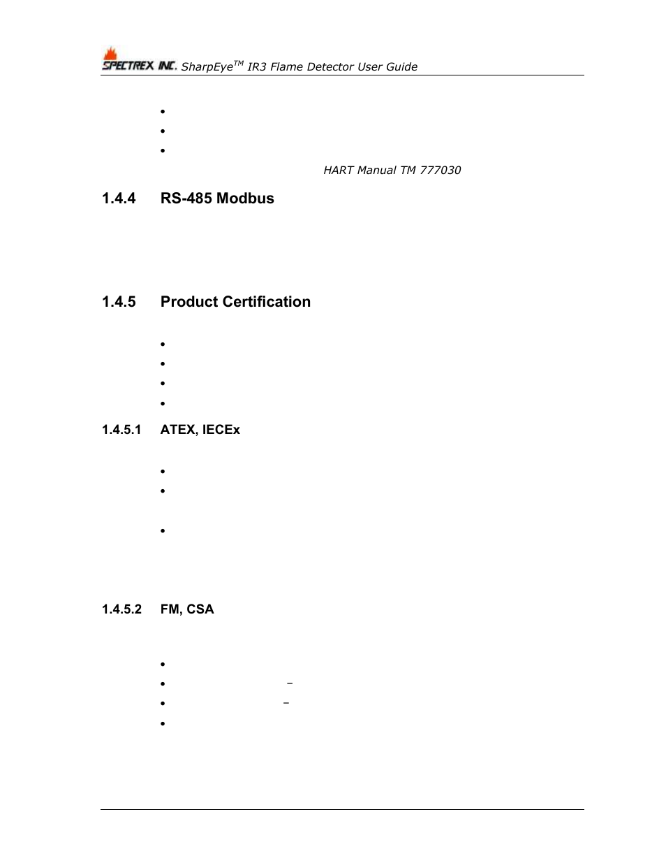 4 rs-485 modbus, 5 product certification, 1 atex, iecex | 2 fm, csa, Rs-485 modbus, Product certification | Spectrex 40/40I Triple IR (IR3) Flame Detector User Manual | Page 18 / 80