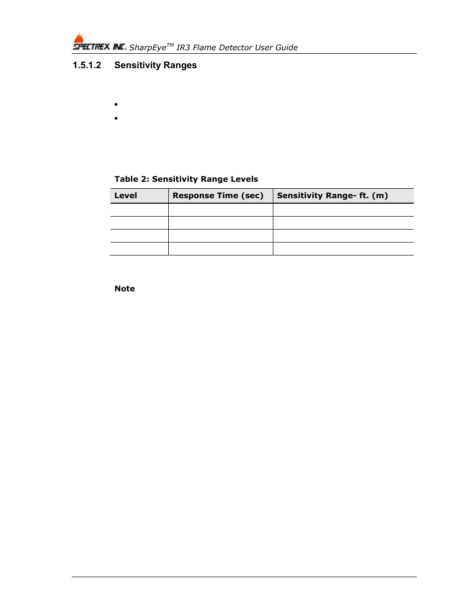 2 sensitivity ranges, Table 2: sensitivity range levels | Spectrex 40/40I Triple IR (IR3) Flame Detector User Manual | Page 20 / 80