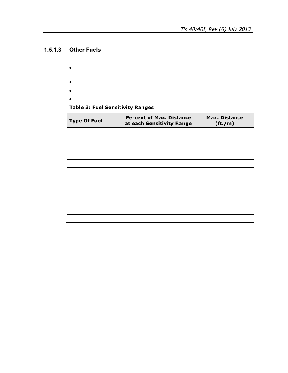 3 other fuels, Table 3: fuel sensitivity ranges | Spectrex 40/40I Triple IR (IR3) Flame Detector User Manual | Page 21 / 80