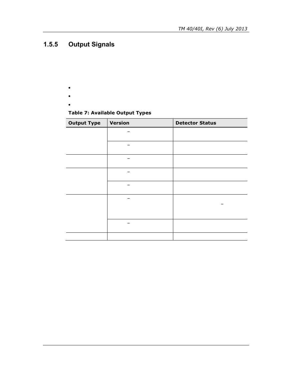 5 output signals, Output signals, Table 7: available output types | Spectrex 40/40I Triple IR (IR3) Flame Detector User Manual | Page 25 / 80