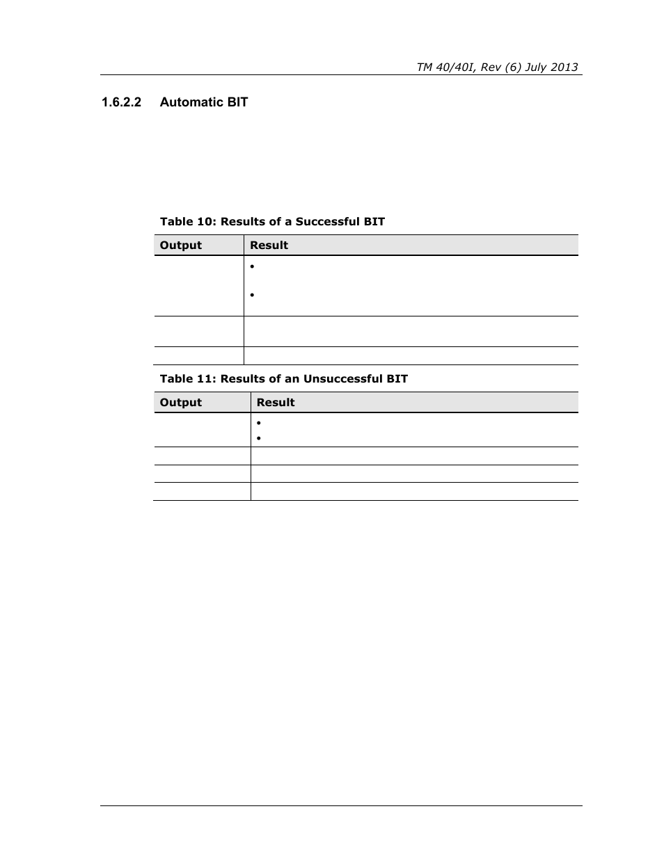 2 automatic bit, Table 10: results of a successful bit, Table 11: results of an unsuccessful bit | Spectrex 40/40I Triple IR (IR3) Flame Detector User Manual | Page 29 / 80