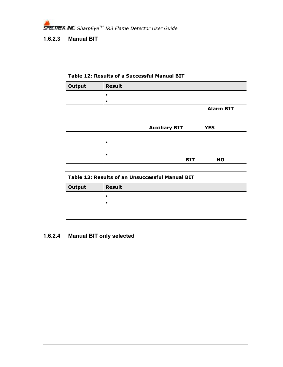 3 manual bit, 4 manual bit only selected, Table 12: results of a successful manual bit | Table 13: results of an unsuccessful manual bit, Manual bit | Spectrex 40/40I Triple IR (IR3) Flame Detector User Manual | Page 30 / 80