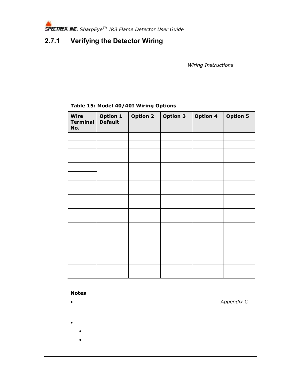 1 verifying the detector wiring, Verifying the detector wiring, Table 15: model 40/40i wiring options | D table 15 | Spectrex 40/40I Triple IR (IR3) Flame Detector User Manual | Page 40 / 80