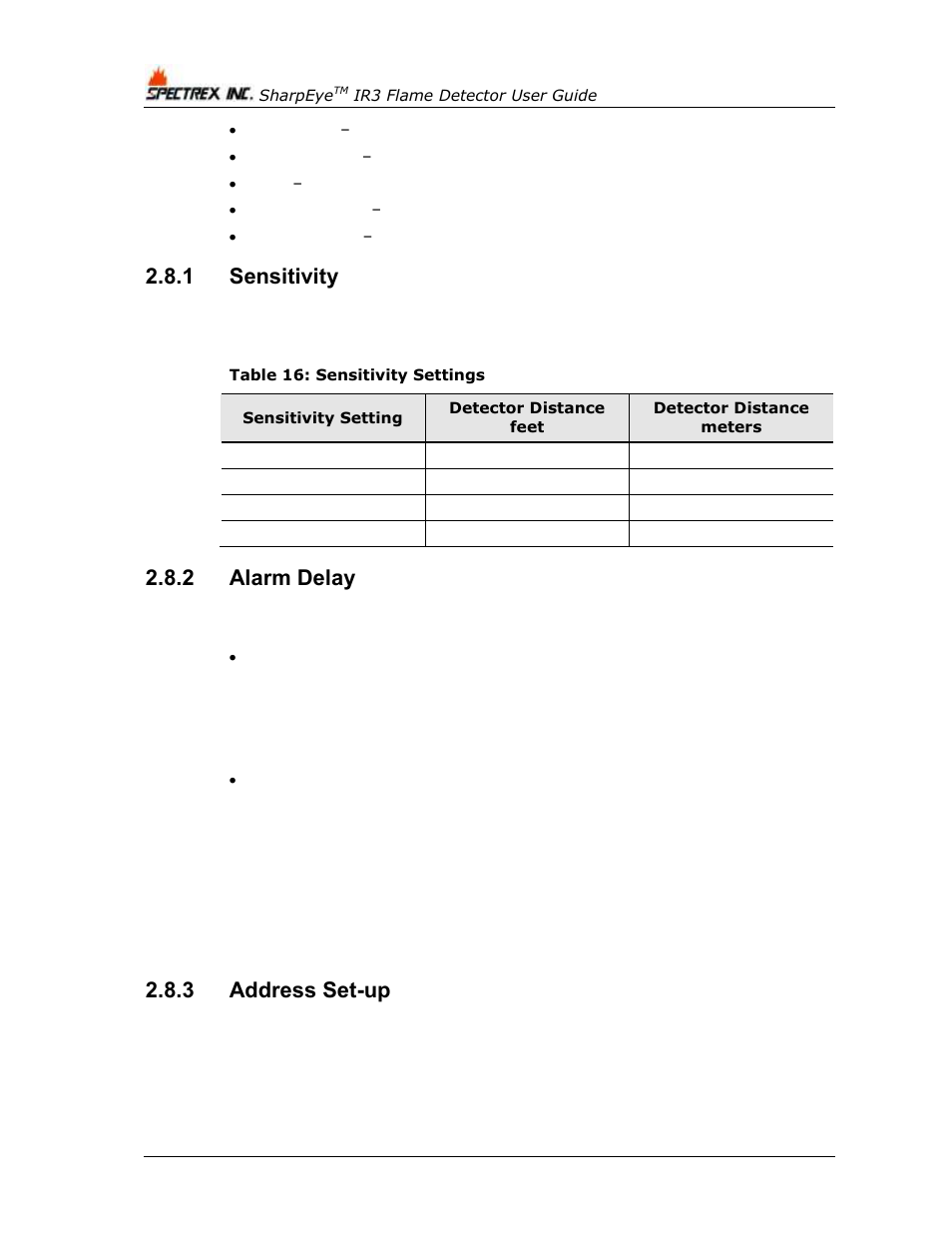 1 sensitivity, 2 alarm delay, 3 address set-up | Sensitivity, Alarm delay, Address set-up, Table 16: sensitivity settings | Spectrex 40/40I Triple IR (IR3) Flame Detector User Manual | Page 42 / 80