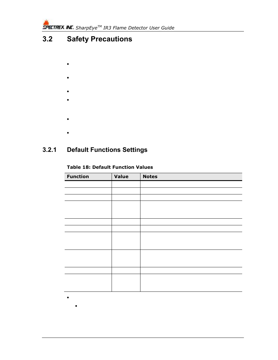 2 safety precautions, 1 default functions settings, Safety precautions | Default functions settings, Table 18: default function values | Spectrex 40/40I Triple IR (IR3) Flame Detector User Manual | Page 46 / 80