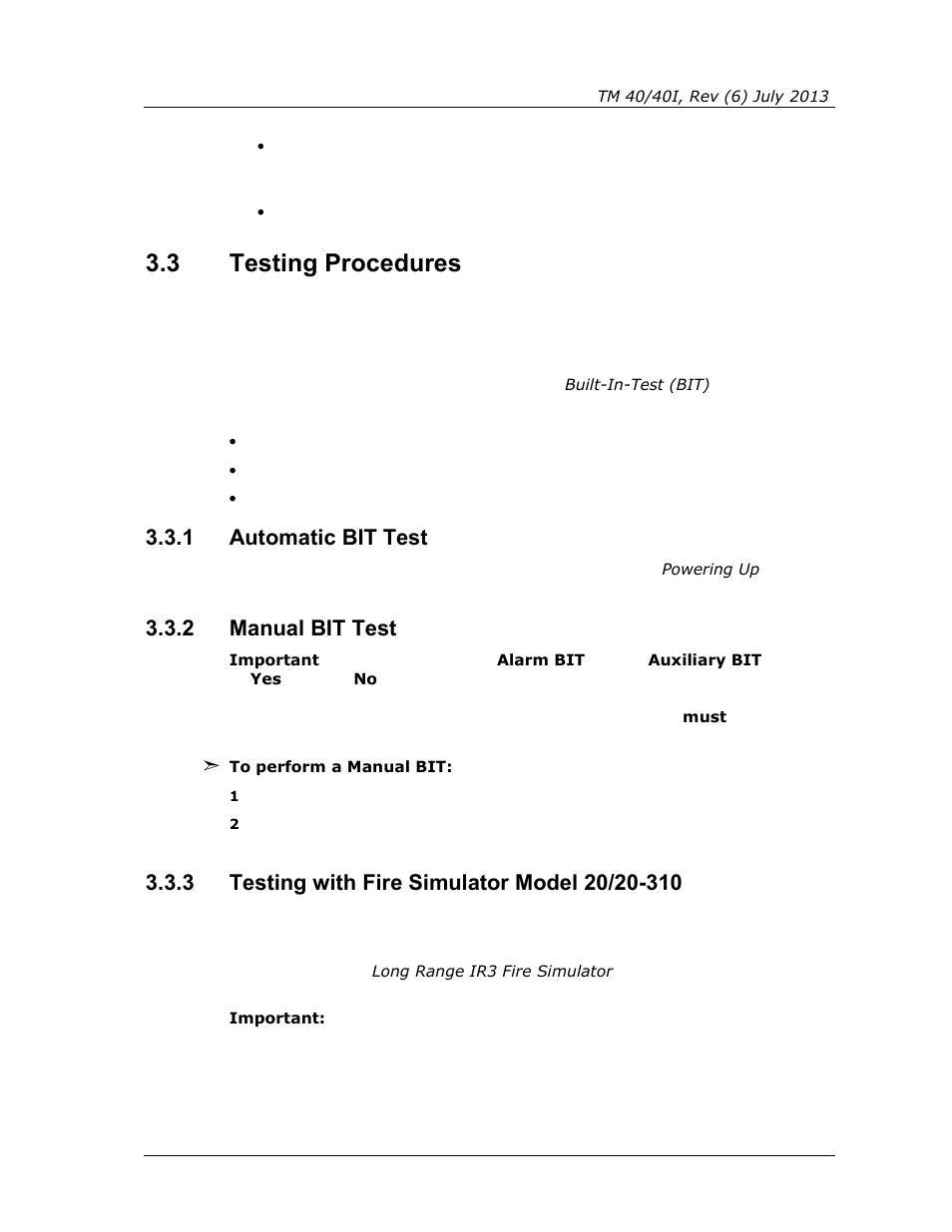 3 testing procedures, 1 automatic bit test, 2 manual bit test | 3 testing with fire simulator model 20/20-310, Testing procedures, Automatic bit test, Manual bit test, Testing with fire simulator model 20/20-310 | Spectrex 40/40I Triple IR (IR3) Flame Detector User Manual | Page 47 / 80