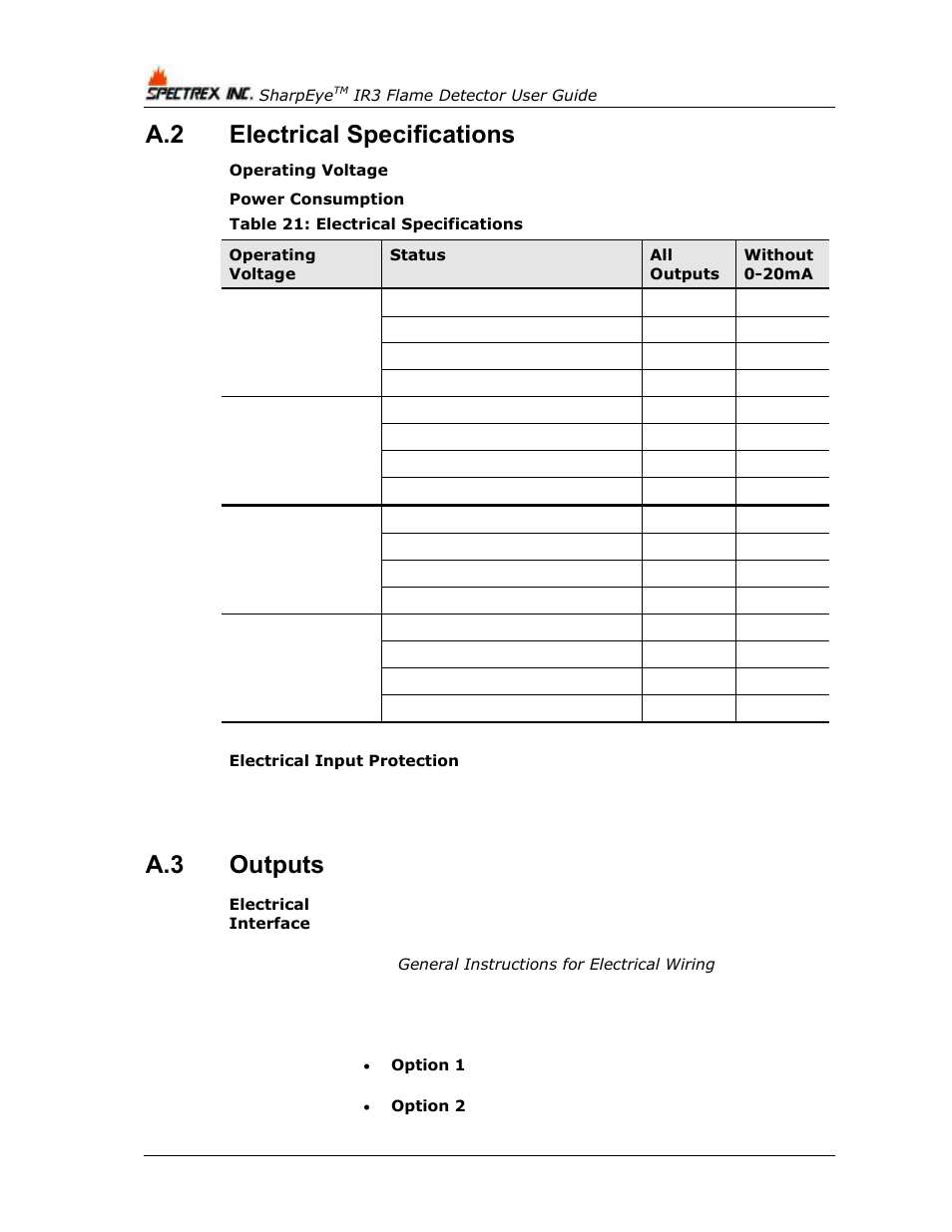 Electrical specifications, Outputs, Table 21: electrical specifications | A.2 electrical specifications, A.3 outputs | Spectrex 40/40I Triple IR (IR3) Flame Detector User Manual | Page 56 / 80