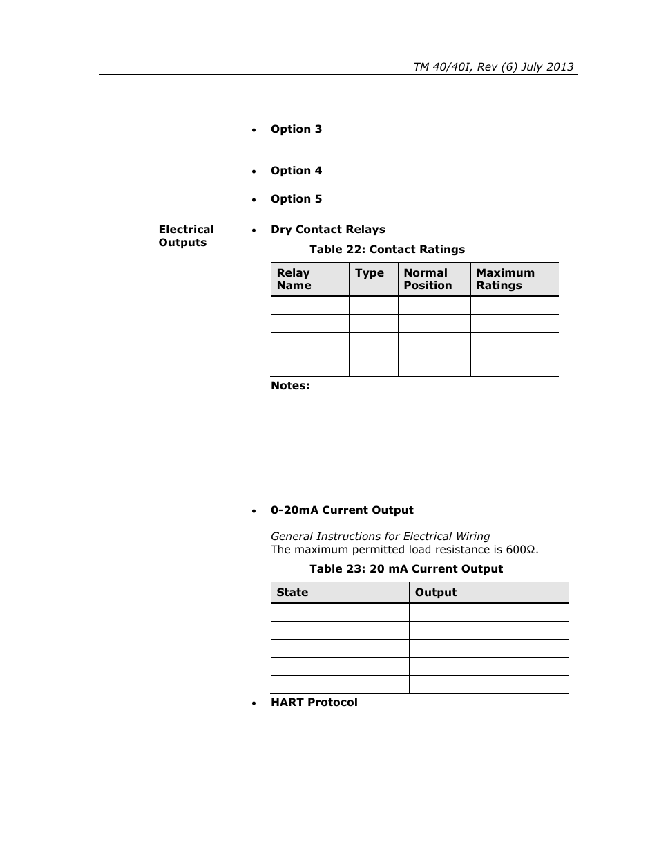 Table 22: contact ratings, Table 23: 20 ma current output | Spectrex 40/40I Triple IR (IR3) Flame Detector User Manual | Page 57 / 80