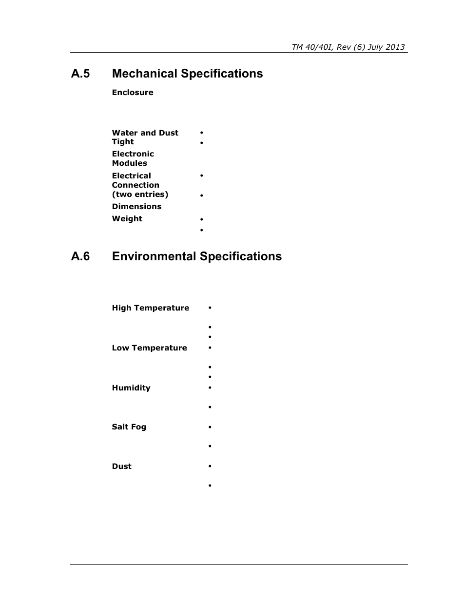 Mechanical specifications, Environmental specifications, A.5 mechanical specifications | A.6 environmental specifications | Spectrex 40/40I Triple IR (IR3) Flame Detector User Manual | Page 59 / 80