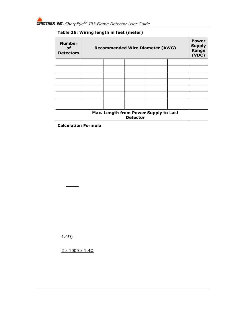 Table 26: wiring length in feet (meter), Table 26 | Spectrex 40/40I Triple IR (IR3) Flame Detector User Manual | Page 62 / 80