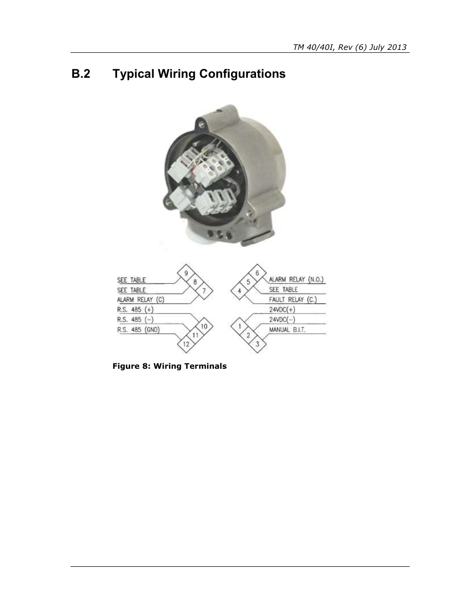 Typical wiring configurations, Figure 8: wiring terminals, B.2 typical wiring configurations | Spectrex 40/40I Triple IR (IR3) Flame Detector User Manual | Page 63 / 80