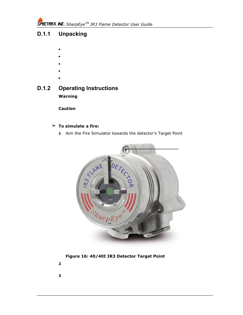 D.1.1, Unpacking, D.1.2 | Operating instructions, Figure 16: 40/40i ir3 detector target point, D.1.1 unpacking, D.1.2 operating instructions | Spectrex 40/40I Triple IR (IR3) Flame Detector User Manual | Page 70 / 80