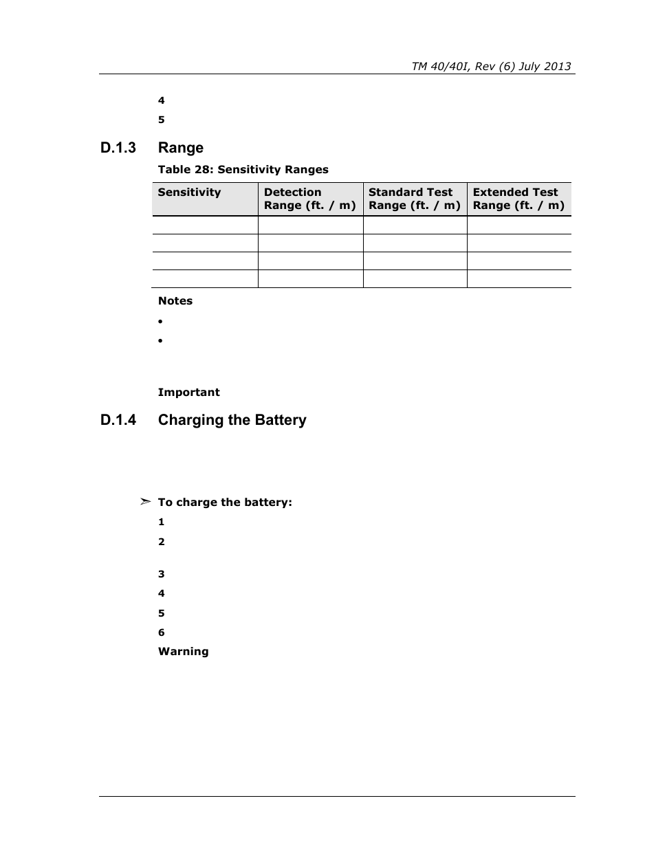 D.1.3, Range, D.1.4 | Charging the battery, Table 28: sensitivity ranges, D.1.3 range, D.1.4 charging the battery | Spectrex 40/40I Triple IR (IR3) Flame Detector User Manual | Page 71 / 80