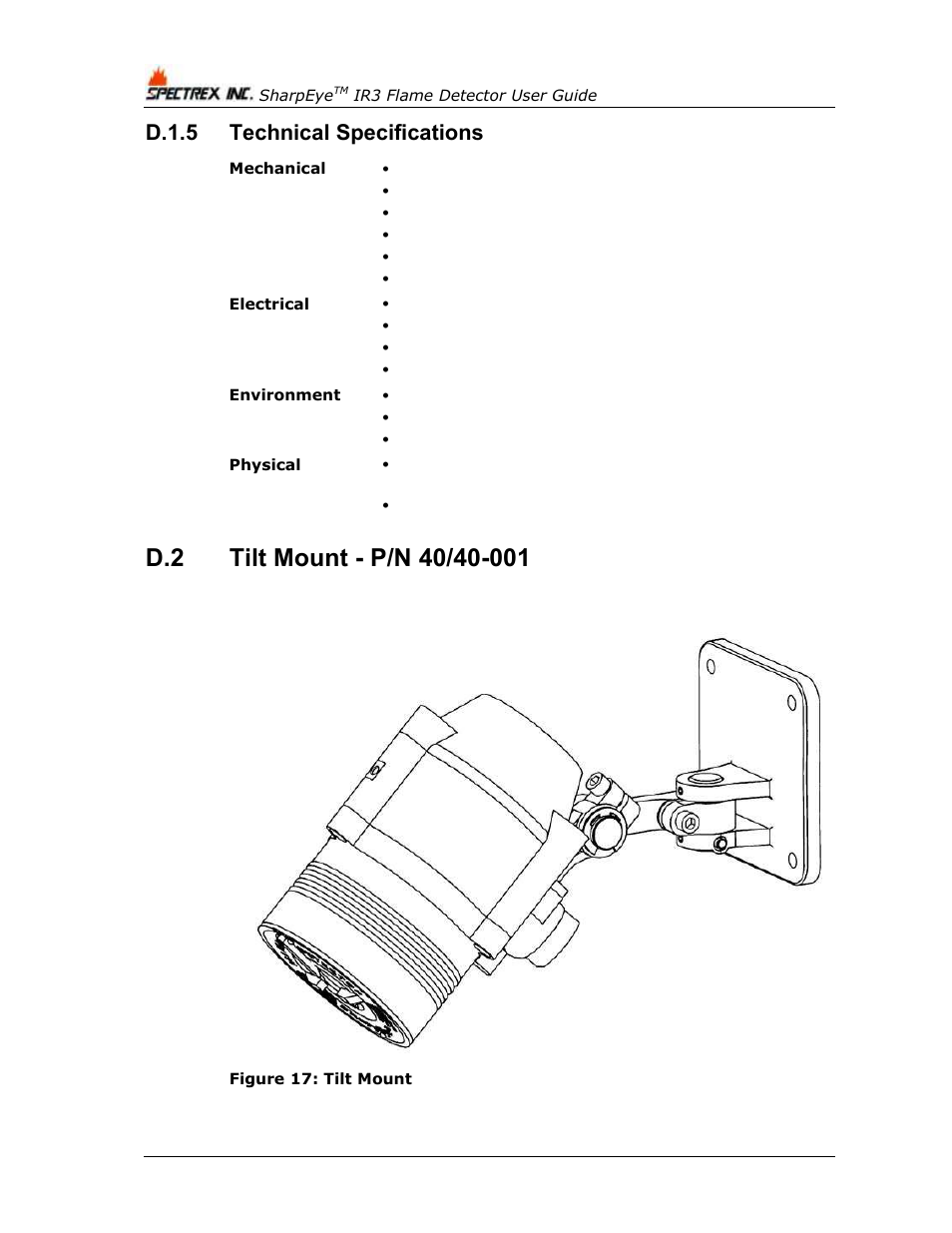 D.1.5, Technical specifications, Tilt mount - p/n 40/40-001 | Figure 17: tilt mount, D.1.5 technical specifications | Spectrex 40/40I Triple IR (IR3) Flame Detector User Manual | Page 72 / 80