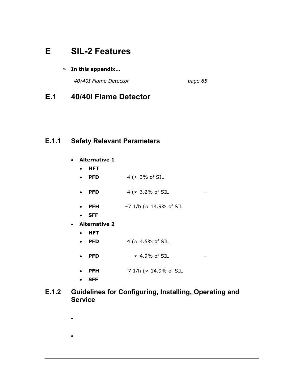 E sil-2 features, Sil-2 features, 40/40i flame detector | E.1.1, Safety relevant parameters, E.1.2, Esil-2 features, E.1.1 safety relevant parameters | Spectrex 40/40I Triple IR (IR3) Flame Detector User Manual | Page 77 / 80