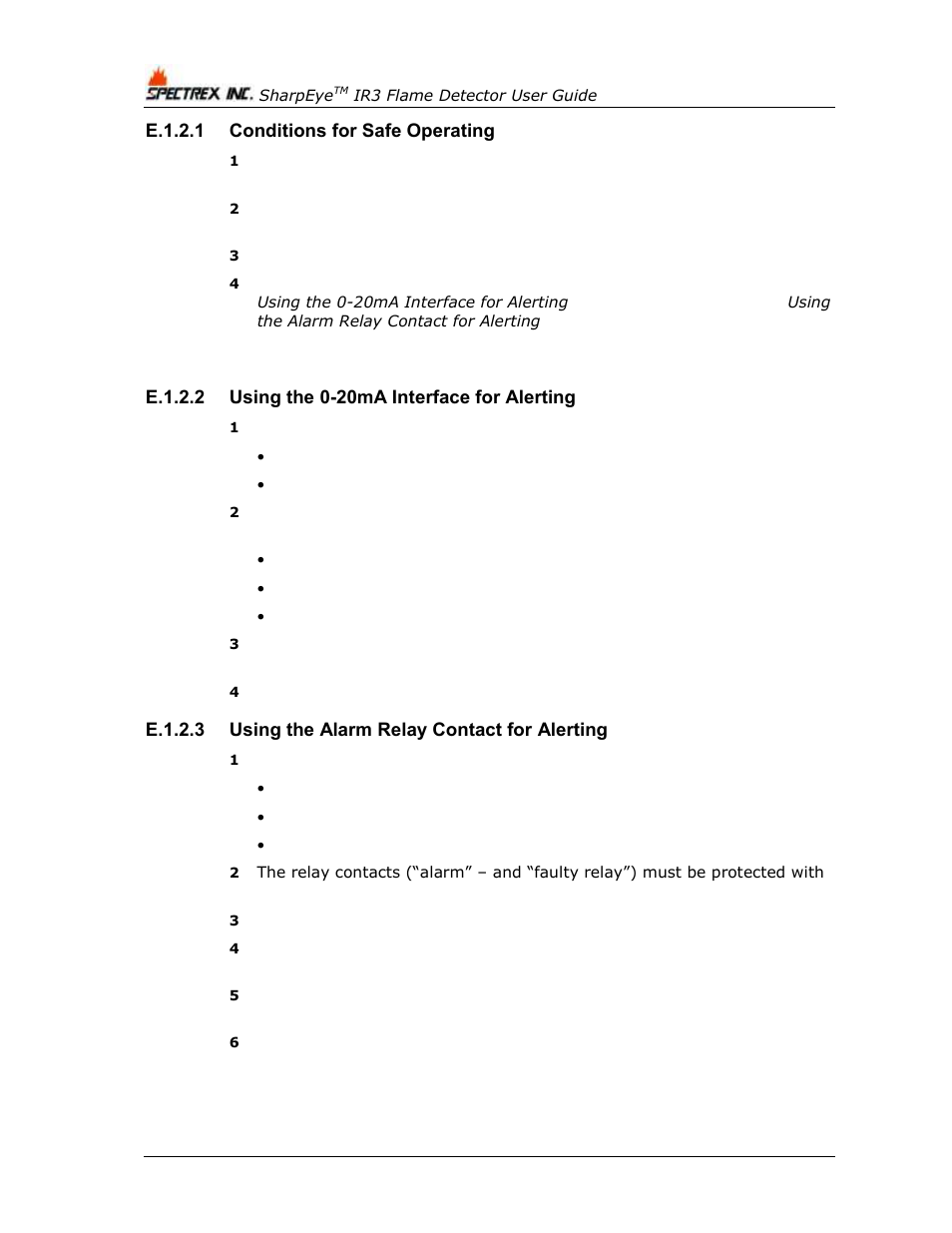 E.1.2.1 conditions for safe operating, E.1.2.2 using the 0-20ma interface for alerting, E.1.2.3 using the alarm relay contact for alerting | Spectrex 40/40I Triple IR (IR3) Flame Detector User Manual | Page 78 / 80