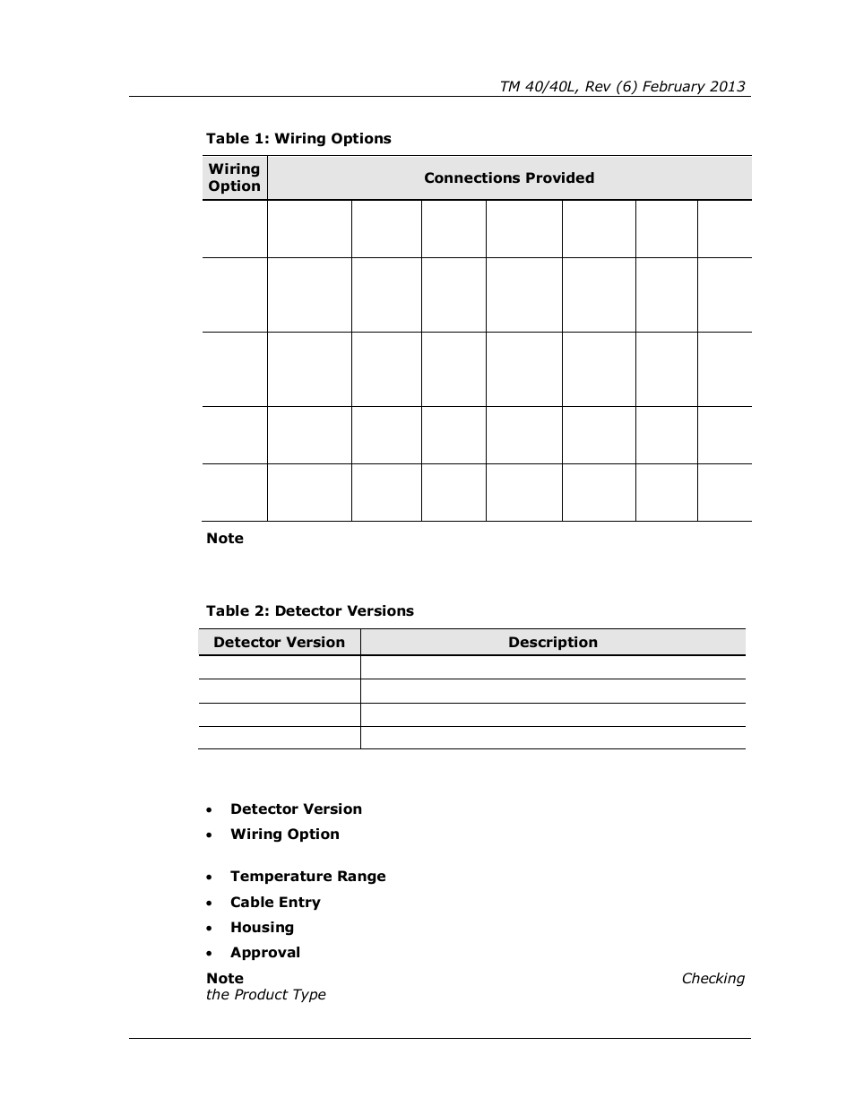 Table 1: wiring options, Table 2: detector versions | Spectrex 40/40L-LB UV/IR Flame Detector Series User Manual | Page 15 / 80