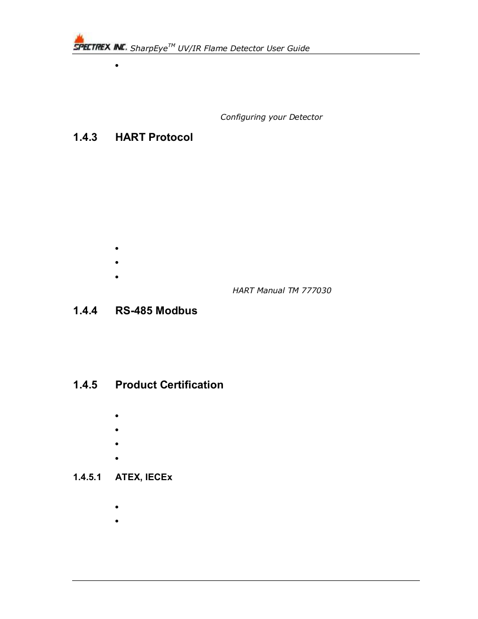 3 hart protocol, 4 rs-485 modbus, 5 product certification | 1 atex, iecex, Hart protocol, Rs-485 modbus, Product certification | Spectrex 40/40L-LB UV/IR Flame Detector Series User Manual | Page 18 / 80