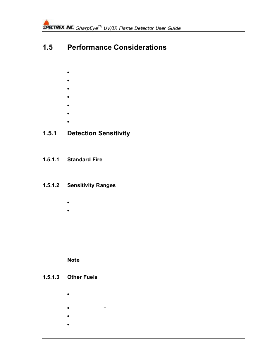 5 performance considerations, 1 detection sensitivity, 1 standard fire | 2 sensitivity ranges, 3 other fuels, Performance considerations, Detection sensitivity | Spectrex 40/40L-LB UV/IR Flame Detector Series User Manual | Page 20 / 80