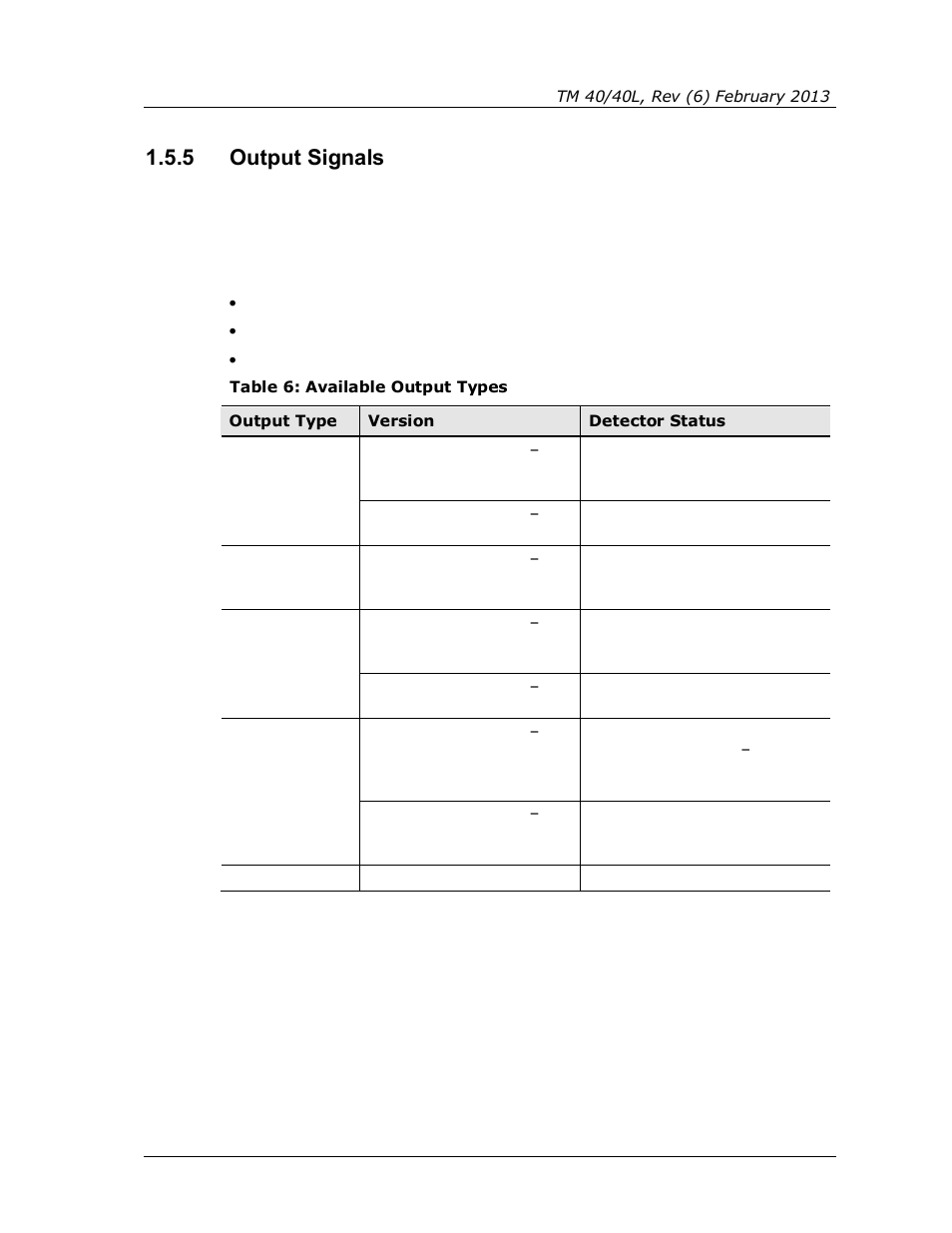 5 output signals, Output signals, Table 6: available output types | Spectrex 40/40L-LB UV/IR Flame Detector Series User Manual | Page 25 / 80