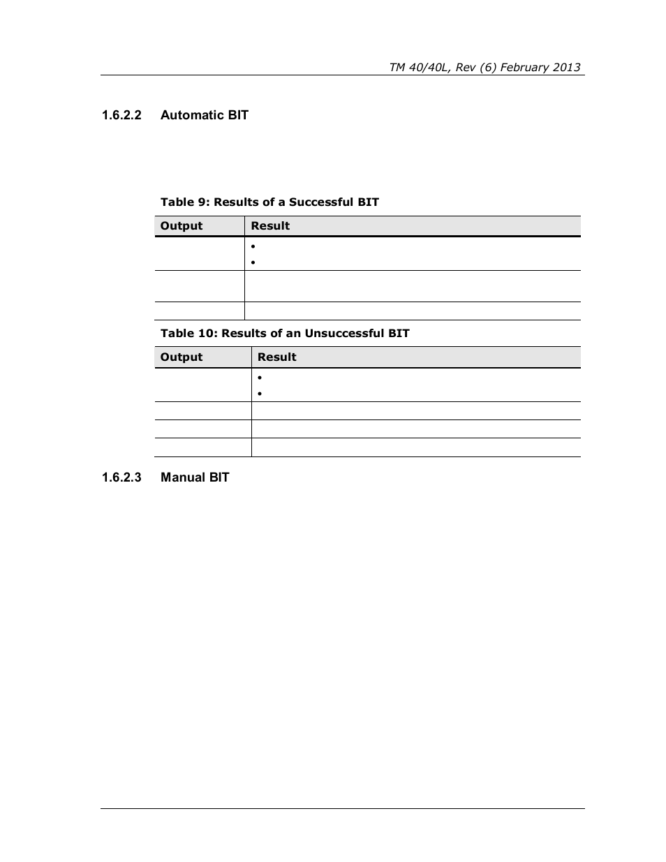 2 automatic bit, 3 manual bit, Table 9: results of a successful bit | Table 10: results of an unsuccessful bit, Manual bit | Spectrex 40/40L-LB UV/IR Flame Detector Series User Manual | Page 29 / 80