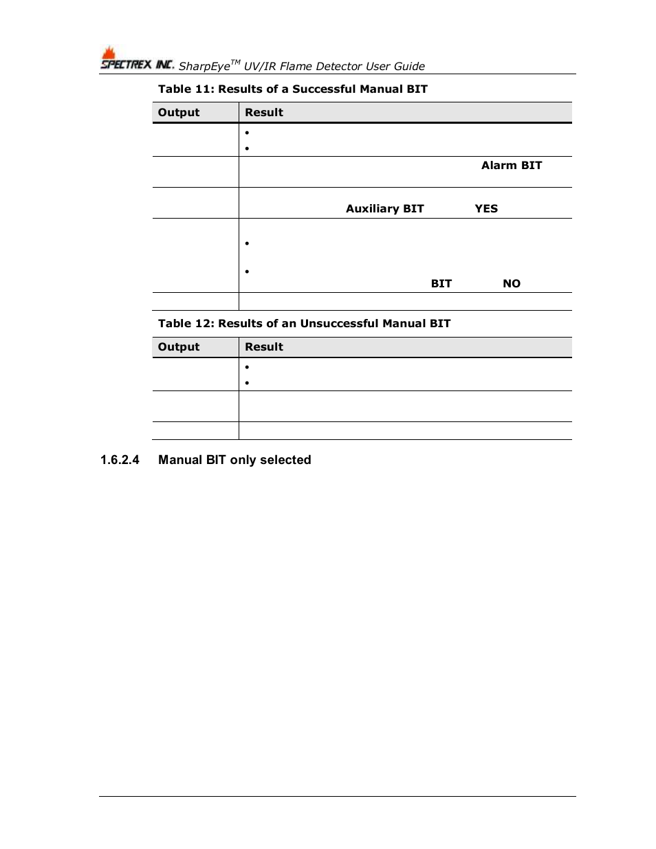 4 manual bit only selected, Table 11: results of a successful manual bit, Table 12: results of an unsuccessful manual bit | Table 11, Table 12 | Spectrex 40/40L-LB UV/IR Flame Detector Series User Manual | Page 30 / 80