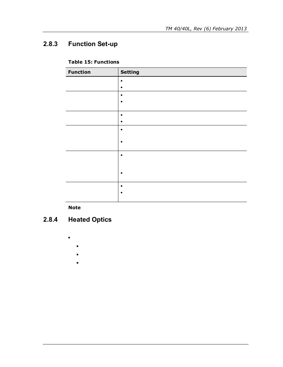 3 function set-up, 4 heated optics, Function set-up | Heated optics, Table 15: functions | Spectrex 40/40L-LB UV/IR Flame Detector Series User Manual | Page 43 / 80