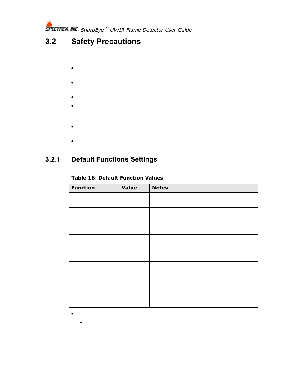 2 safety precautions, 1 default functions settings, Safety precautions | Default functions settings, Table 16: default function values | Spectrex 40/40L-LB UV/IR Flame Detector Series User Manual | Page 46 / 80