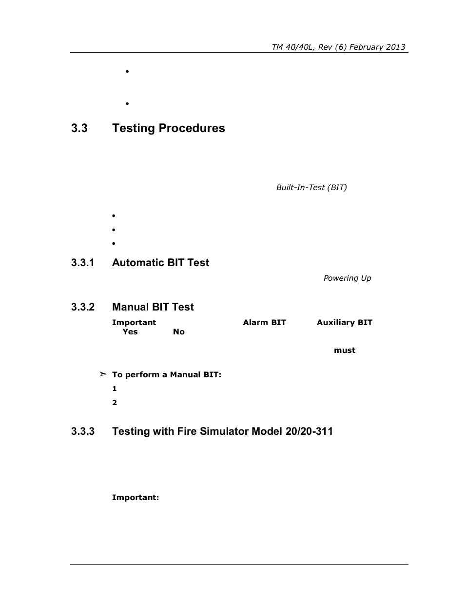 3 testing procedures, 1 automatic bit test, 2 manual bit test | 3 testing with fire simulator model 20/20-311, Testing procedures, Automatic bit test, Manual bit test, Testing with fire simulator model 20/20-311 | Spectrex 40/40L-LB UV/IR Flame Detector Series User Manual | Page 47 / 80