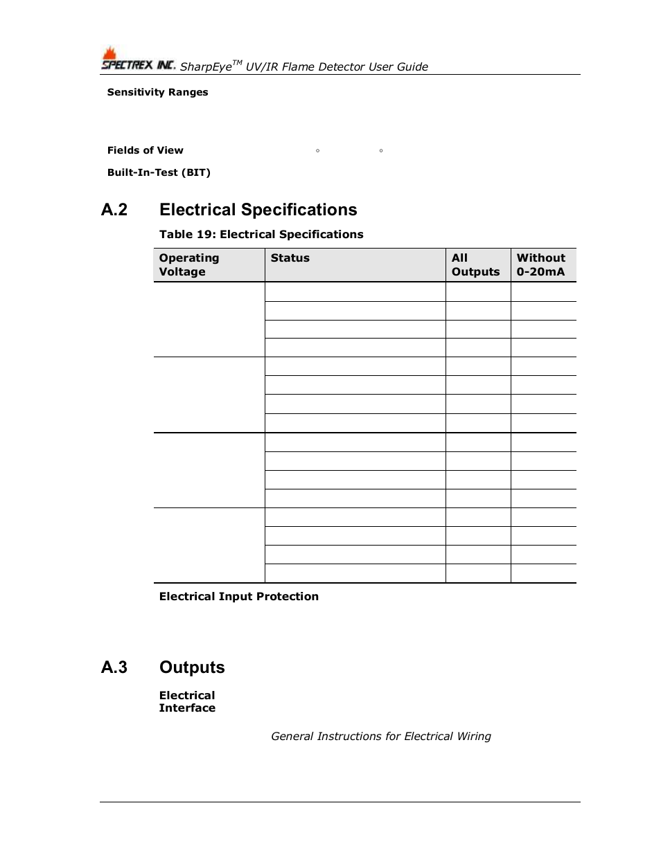 Electrical specifications, Outputs, Table 19: electrical specifications | A.2 electrical specifications, A.3 outputs | Spectrex 40/40L-LB UV/IR Flame Detector Series User Manual | Page 56 / 80