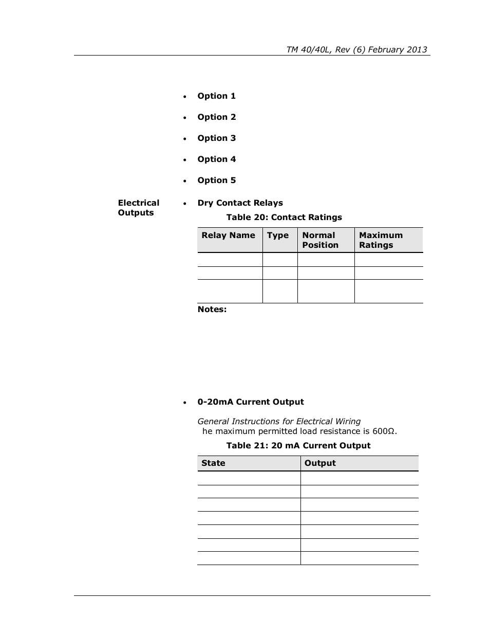 Table 20: contact ratings, Table 21: 20 ma current output | Spectrex 40/40L-LB UV/IR Flame Detector Series User Manual | Page 57 / 80