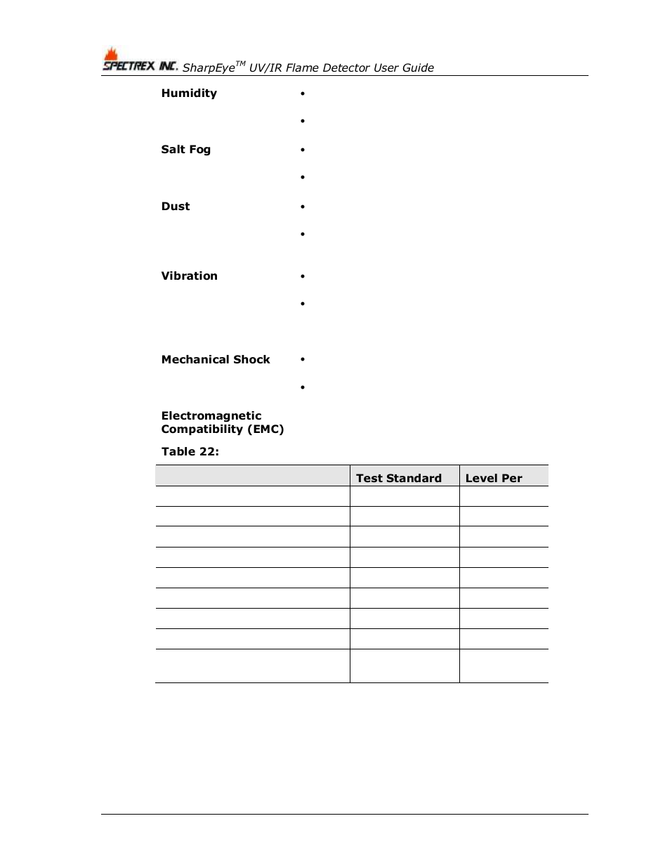 Table 22: electromagnetic compatibility (emc) | Spectrex 40/40L-LB UV/IR Flame Detector Series User Manual | Page 60 / 80