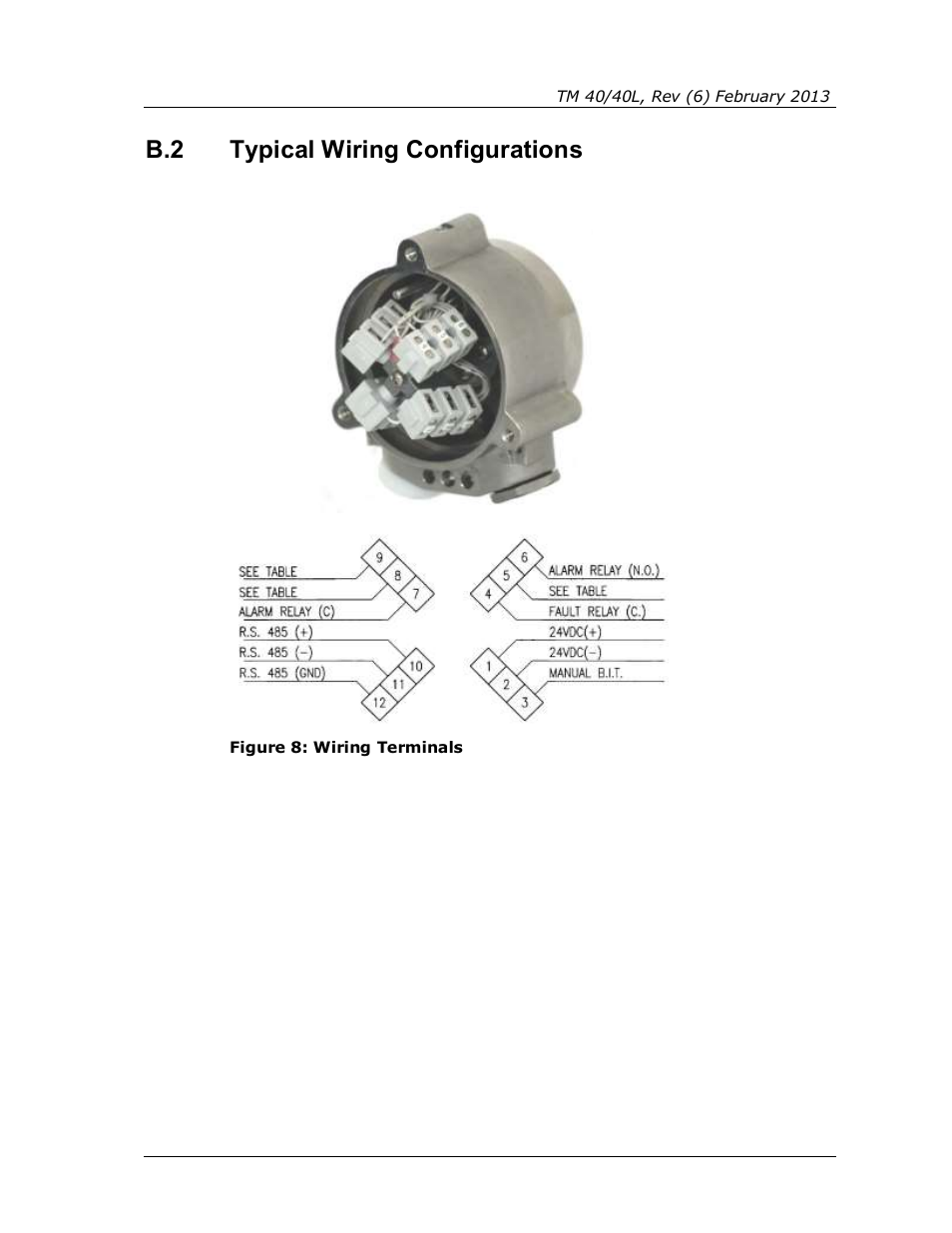 Typical wiring configurations, Figure 8: wiring terminals, B.2 typical wiring configurations | Spectrex 40/40L-LB UV/IR Flame Detector Series User Manual | Page 63 / 80