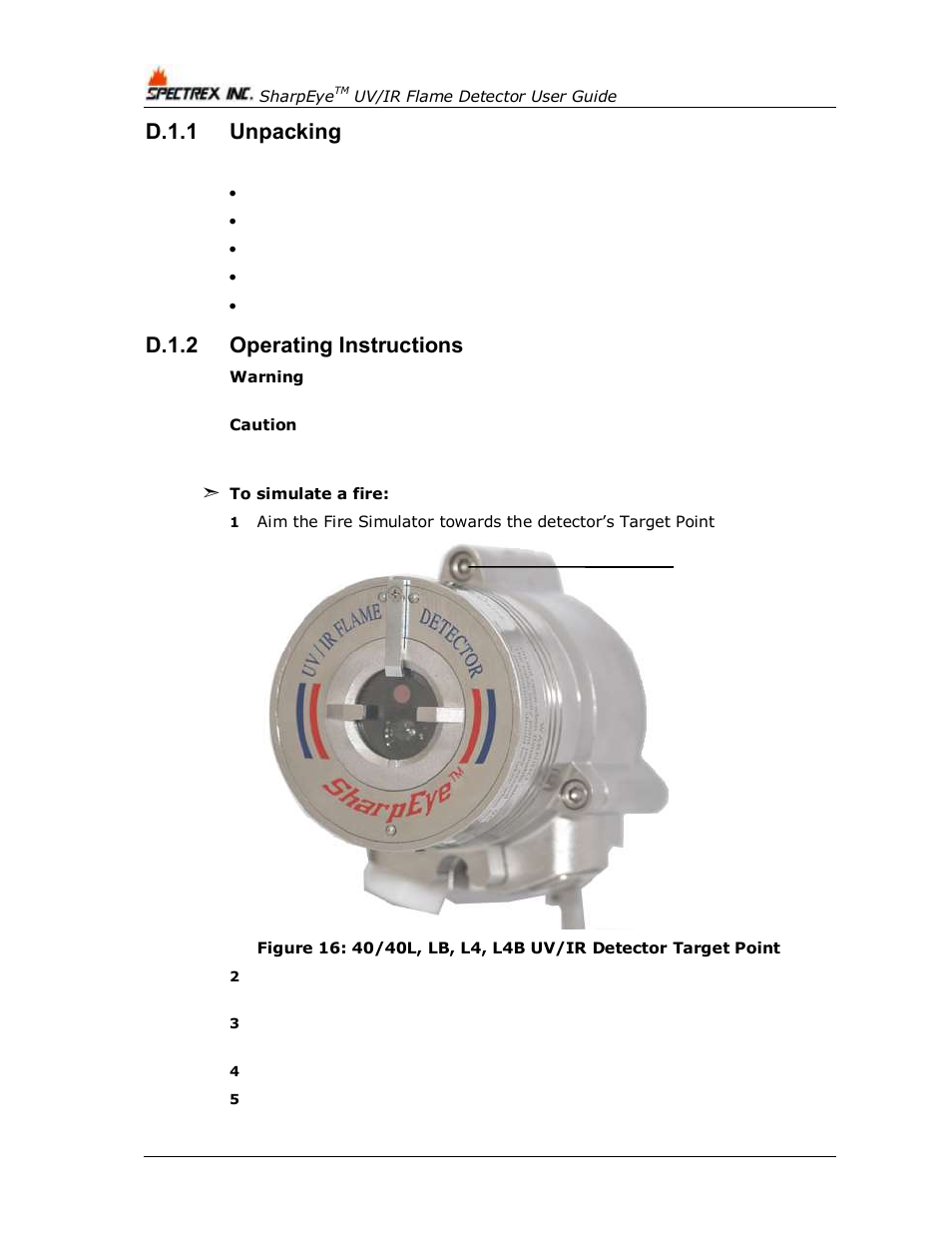 D.1.1, Unpacking, D.1.2 | Operating instructions, D.1.1 unpacking, D.1.2 operating instructions | Spectrex 40/40L-LB UV/IR Flame Detector Series User Manual | Page 70 / 80