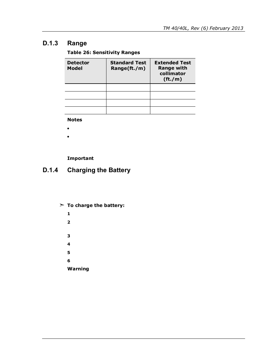 D.1.3, Range, D.1.4 | Charging the battery, Table 26: sensitivity ranges, D.1.3 range, D.1.4 charging the battery | Spectrex 40/40L-LB UV/IR Flame Detector Series User Manual | Page 71 / 80