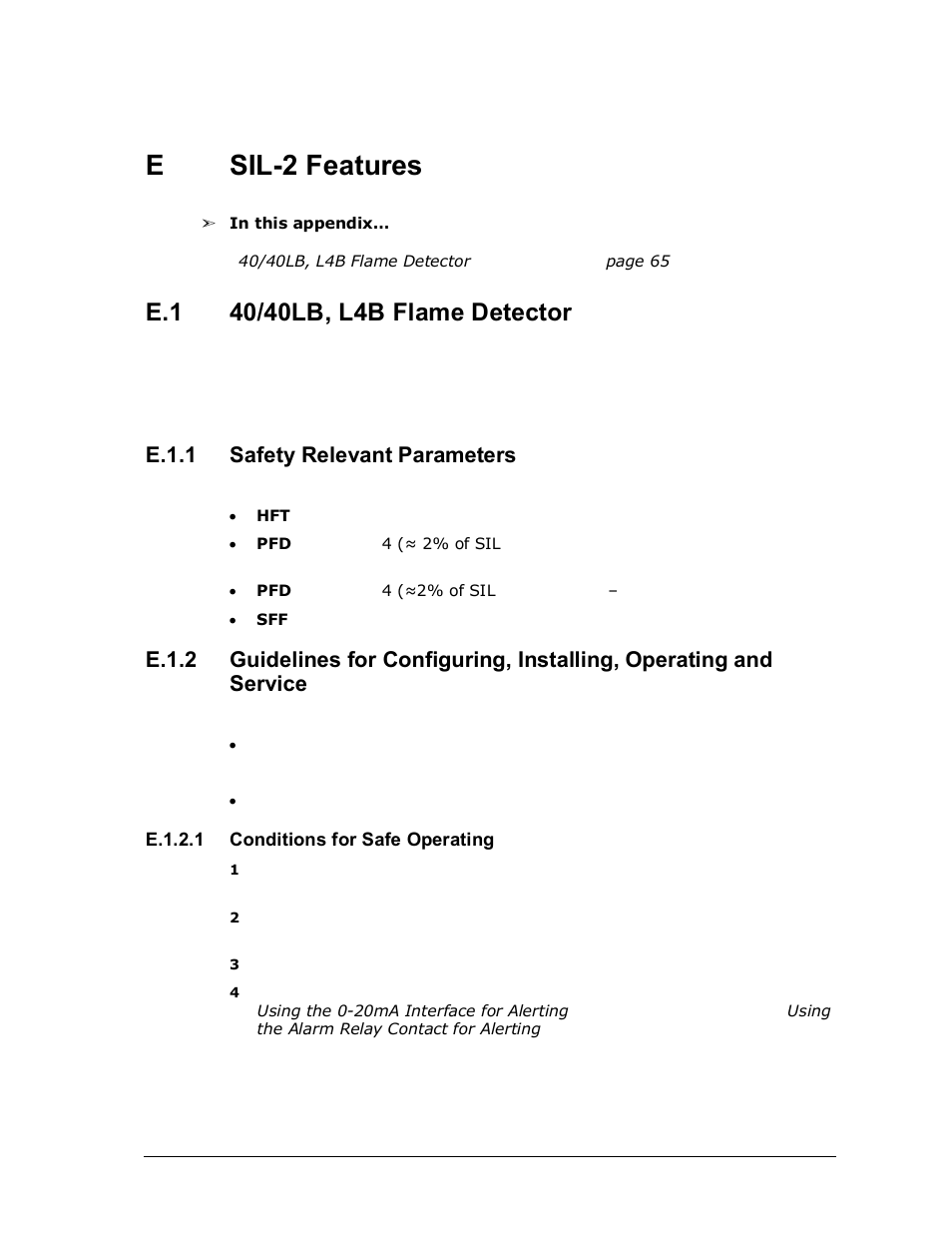 E sil-2 features, E.1.2.1 conditions for safe operating, Sil-2 features | 40/40lb, l4b flame detector, E.1.1, Safety relevant parameters, E.1.2, Esil-2 features, E.1.1 safety relevant parameters | Spectrex 40/40L-LB UV/IR Flame Detector Series User Manual | Page 77 / 80