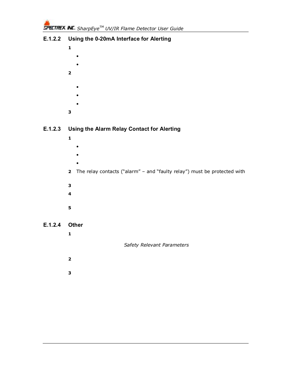 E.1.2.2 using the 0-20ma interface for alerting, E.1.2.3 using the alarm relay contact for alerting, E.1.2.4 other | Using the 0-20ma interface for alerting, Using, The alarm relay contact for alerting, T 1) | Spectrex 40/40L-LB UV/IR Flame Detector Series User Manual | Page 78 / 80