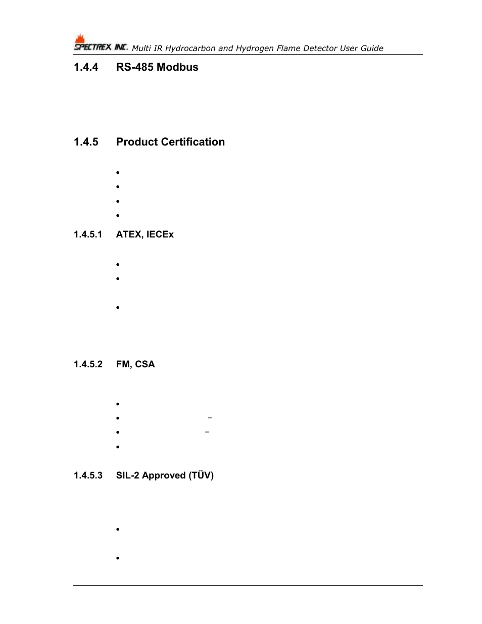 4 rs-485 modbus, 5 product certification, 1 atex, iecex | 2 fm, csa, 3 sil-2 approved (tüv), Rs-485 modbus, Product certification | Spectrex 40/40M Multi IR Flame Detector User Manual | Page 18 / 80