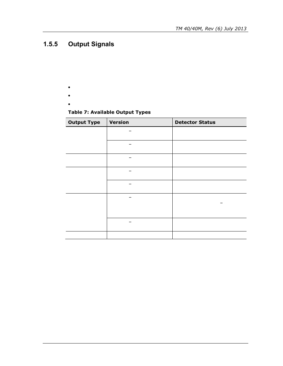 5 output signals, Output signals, Table 7: available output types | Spectrex 40/40M Multi IR Flame Detector User Manual | Page 25 / 80