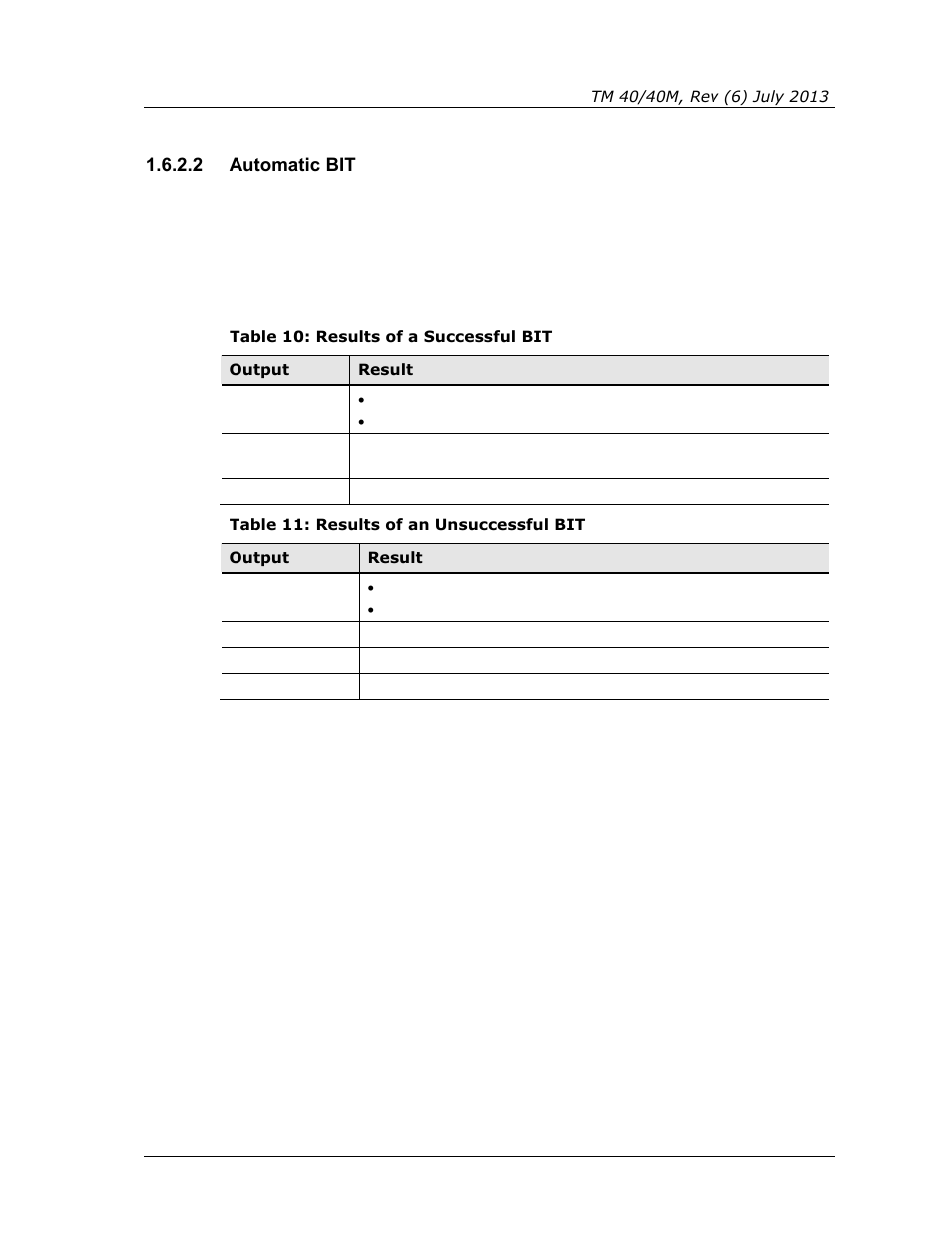 2 automatic bit, Table 10: results of a successful bit, Table 11: results of an unsuccessful bit | Spectrex 40/40M Multi IR Flame Detector User Manual | Page 29 / 80