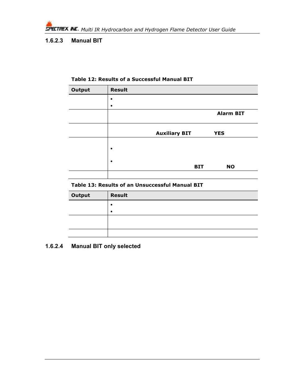 3 manual bit, 4 manual bit only selected, Table 12: results of a successful manual bit | Table 13: results of an unsuccessful manual bit, Manual bit | Spectrex 40/40M Multi IR Flame Detector User Manual | Page 30 / 80