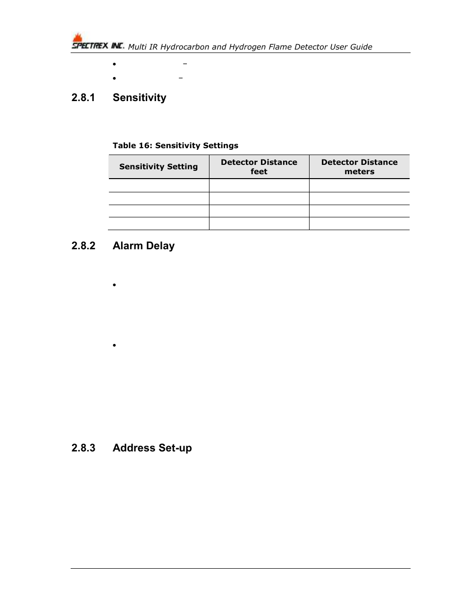 1 sensitivity, 2 alarm delay, 3 address set-up | Sensitivity, Alarm delay, Address set-up, Table 16: sensitivity settings | Spectrex 40/40M Multi IR Flame Detector User Manual | Page 42 / 80