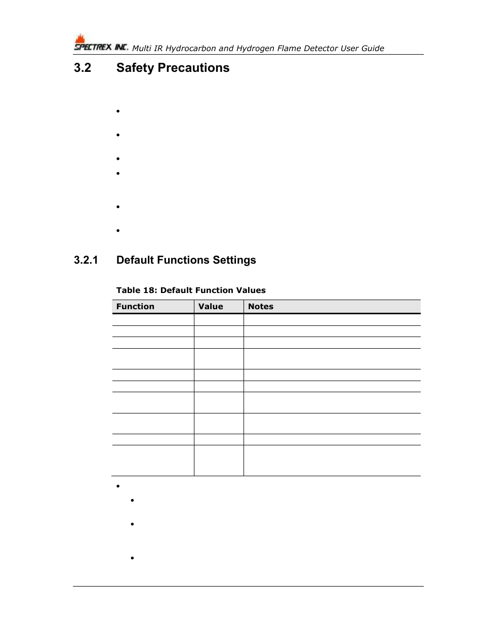 2 safety precautions, 1 default functions settings, Safety precautions | Default functions settings, Table 18: default function values | Spectrex 40/40M Multi IR Flame Detector User Manual | Page 46 / 80