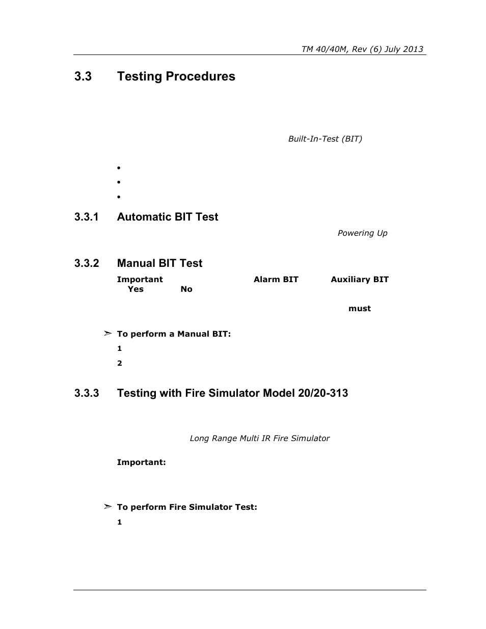 3 testing procedures, 1 automatic bit test, 2 manual bit test | 3 testing with fire simulator model 20/20-313, Testing procedures, Automatic bit test, Manual bit test, Testing with fire simulator model 20/20-313 | Spectrex 40/40M Multi IR Flame Detector User Manual | Page 47 / 80