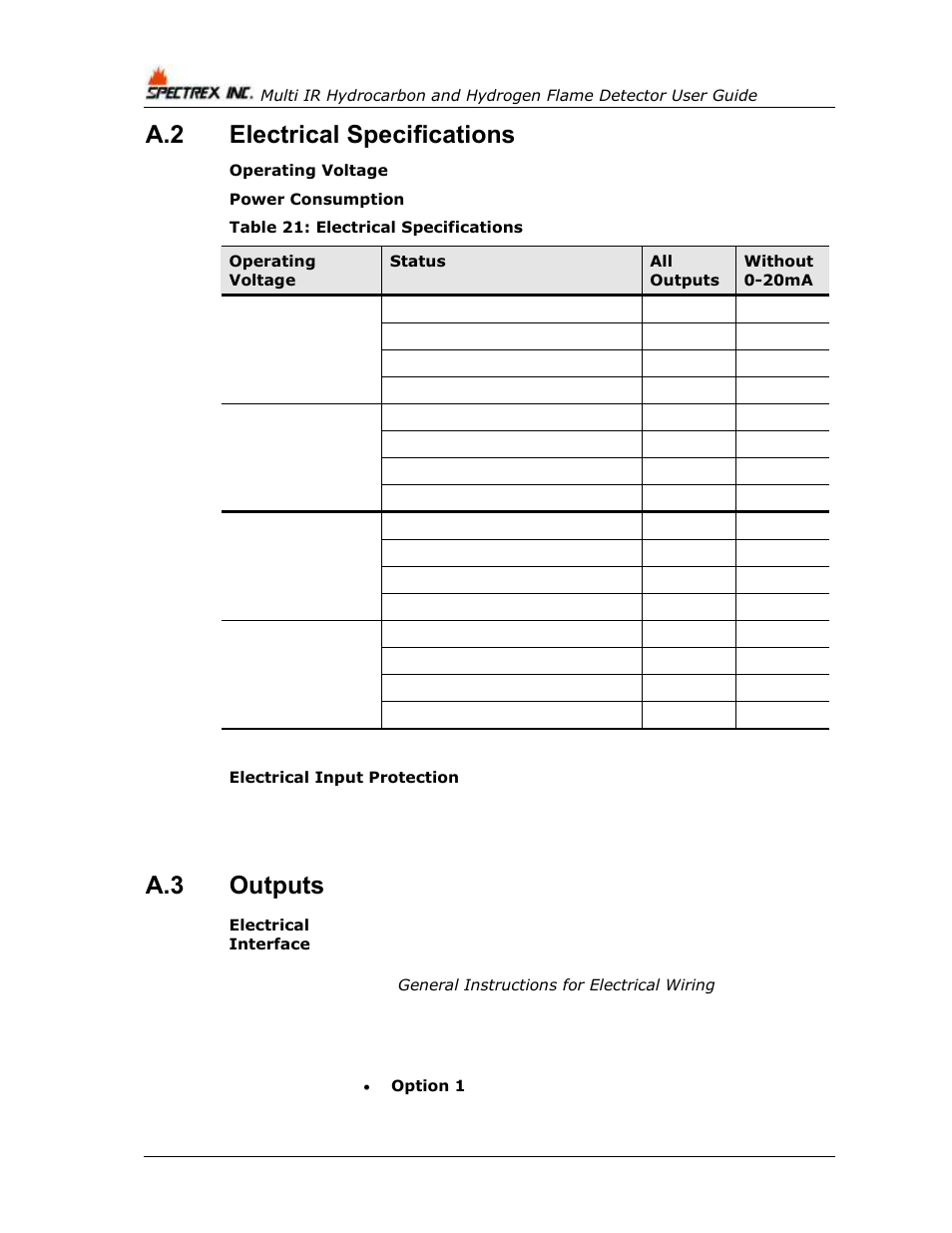 Electrical specifications, Outputs, Table 21: electrical specifications | A.2 electrical specifications, A.3 outputs | Spectrex 40/40M Multi IR Flame Detector User Manual | Page 56 / 80