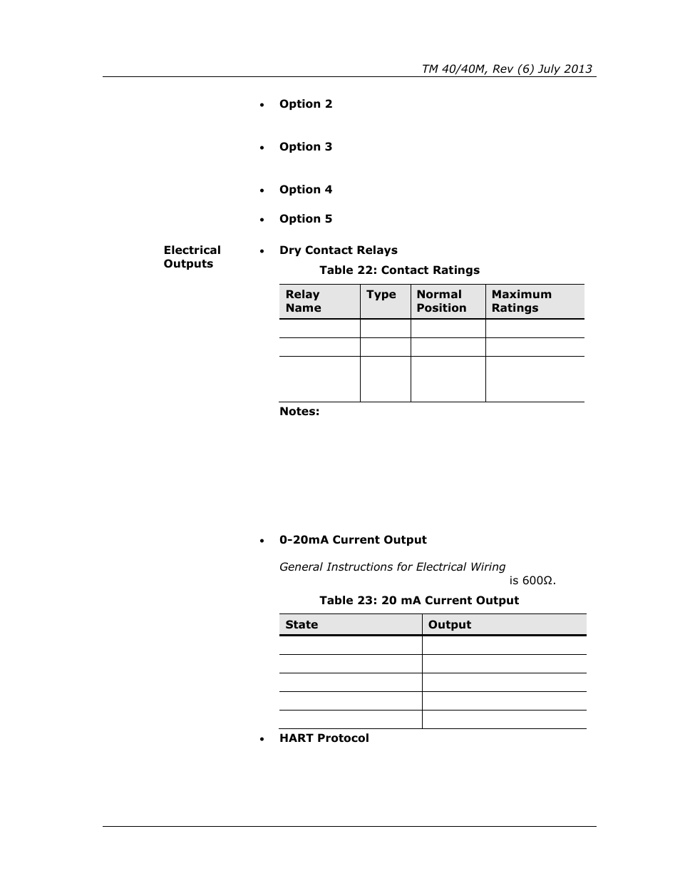 Table 22: contact ratings, Table 23: 20 ma current output | Spectrex 40/40M Multi IR Flame Detector User Manual | Page 57 / 80