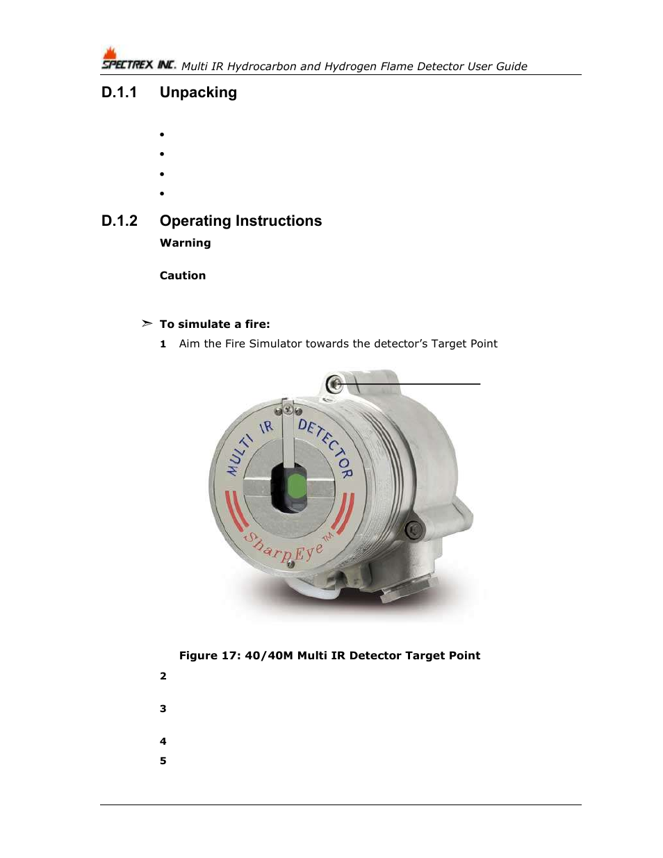 D.1.1, Unpacking, D.1.2 | Operating instructions, Figure 17: 40/40m multi ir detector target point, D.1.1 unpacking, D.1.2 operating instructions | Spectrex 40/40M Multi IR Flame Detector User Manual | Page 70 / 80