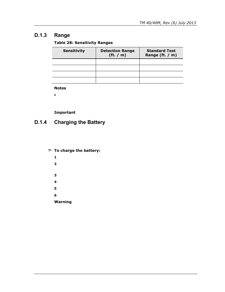 D.1.3, Range, D.1.4 | Charging the battery, Table 28: sensitivity ranges, D.1.3 range, D.1.4 charging the battery | Spectrex 40/40M Multi IR Flame Detector User Manual | Page 71 / 80