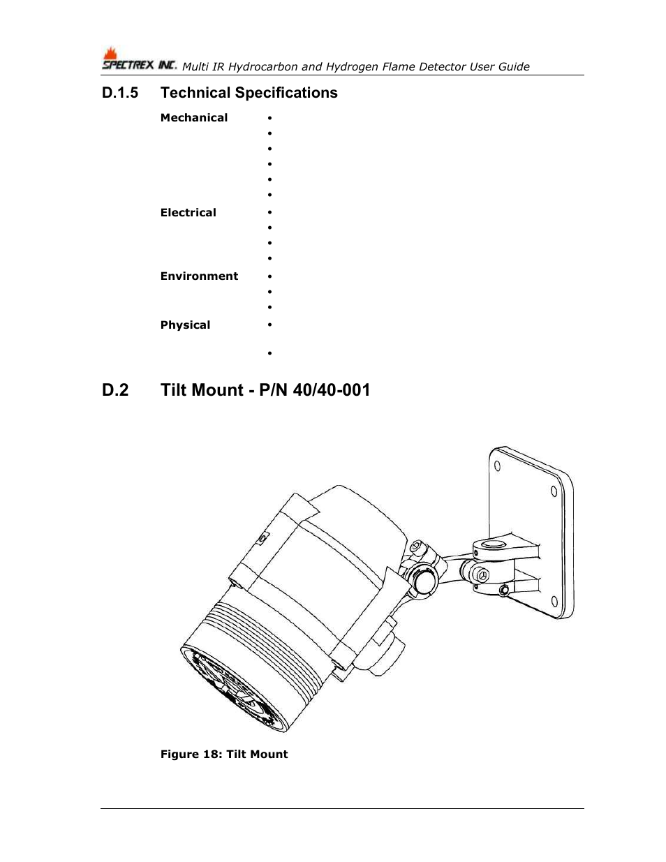 D.1.5, Technical specifications, Tilt mount - p/n 40/40-001 | Figure 18: tilt mount, D.1.5 technical specifications | Spectrex 40/40M Multi IR Flame Detector User Manual | Page 72 / 80