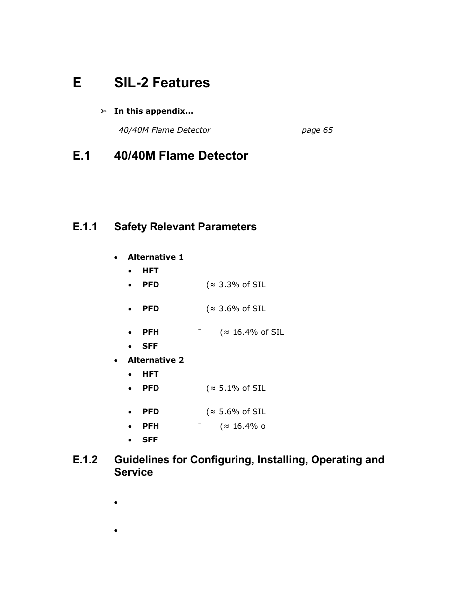 E sil-2 features, Sil-2 features, 40/40m flame detector | E.1.1, Safety relevant parameters, E.1.2, Esil-2 features, E.1.1 safety relevant parameters | Spectrex 40/40M Multi IR Flame Detector User Manual | Page 77 / 80